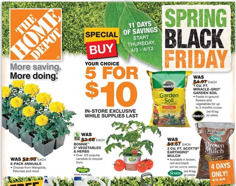 When is home depot spring black friday 2023 - ATLANTA, Feb. 23, 2023 /PRNewswire/ -- The Home Depot® officially started the countdown to spring, launching new Special Buys of the Day, interactive workshops for DIYers of all ages, including in-store workshops for kids, and a new Countdown to Spring Hub to inspire spring projects inside and outside the home with the